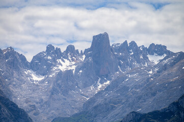 View on Naranjo de Bulnes or Picu Urriellu,  limestone peak dating from Paleozoic Era, located in Macizo Central region of Picos de Europa, mountain range in  Asturias, Spain