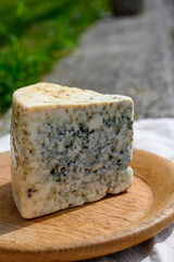 Cabrales artisan blue cheese made by rural dairy farmers in Asturias, Spain from unpasteurized cow’s milk or blended with goat or sheep milk small zone of production Picos de Europa, Spain.