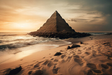 Fototapeta na wymiar Golden pyramid by the sea amidst rocks and sand in digital art style. Mystical and fantastic gold pyramid. Fantasy alien city architecture. Realistic 3D illustration. Generative AI