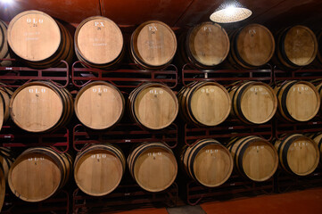 Production of fortified jerez, xeres, sherry wines in dark oak barrels in sherry triangle, Jerez la...