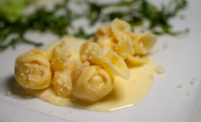 Italian food, fresh home made pumpkin stuffed pasta tortellini or ravioli dumplings with parmesan parmigiano reggiano cheese sauce with dried rocket salad