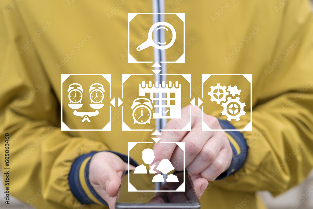 Aufkleber man using virtual touchscreen sees icon: calendar with timer. effective time management, tasks plann