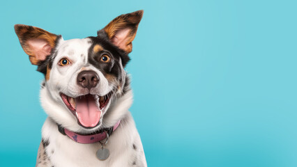 Advertising portrait, banner, smiling white dog with a black spot on his left eye, a funny look and his tongue hanging out, isolated on a blue background. Generated Ai