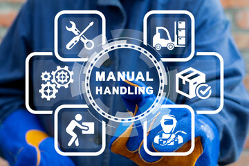 Worker or engineer using virtual touch screen sees inspiration: MANUAL HANDLING. Industrial concept...