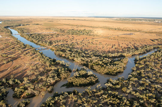 aerial view of the Thomson river at Longreach, Queensland, Australia.