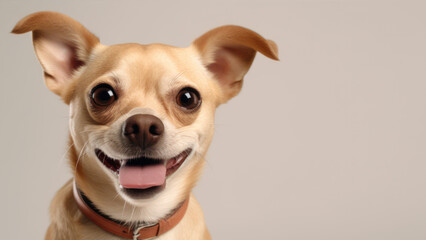 Advertising portrait, banner, smiling chihuahua with raised ears, funny look and tongue sticking out, isolated on gray background. Generated Ai. High quality illustration Generative AI