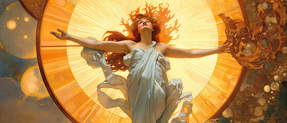 Flamboyant beauty of women adorned with gold and drapery, in Art Nouveau style. Painting exuding an aura of elegance and opulence. Illustration created with Generative AI.