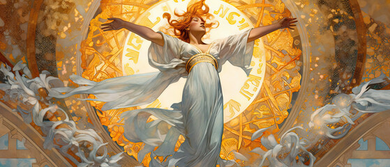 Flamboyant beauty of women adorned with gold and drapery, in Art Nouveau style. Painting exuding an aura of elegance and opulence. Illustration created with Generative AI.