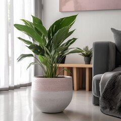Modern interior with houseplant in concrete flowerpot and minimalist furniture. Polished concrete effect planter pot sitting next to the tv bench in the style of minimalist staging. Generative AI