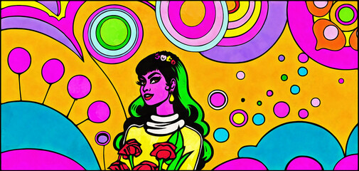 A fun 1960s or 1970s style psychedelic illustration of a woman with magenta skin and green hair against a groovy vintage pop art background. Created using Adobe Illustrator and ArtRage tools.