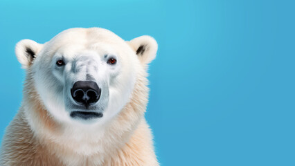 Obraz na płótnie Canvas Advertising portrait, banner, polar bear looking directly at the camera with a serious look, isolated on a blue background. Generated Ai. High quality illustration Generative AI