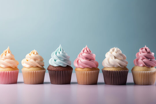 Tasty cupcakes with a high, creamy swirl stand in rows on a pastel blue background. Front view of delicious cupcakes in paper cups with swirl whipped cream. Generative AI photo imitation.