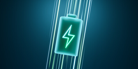 Glowing green power neon futuristic energy storage, high capacity rechargeable lithium ion battery, 3D rendering light trail of future electric vehicle clean energy technology concept. - 605065656
