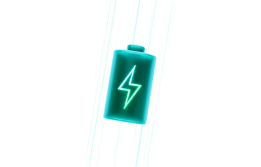 Glowing green power neon futuristic energy storage, high capacity rechargeable lithium ion battery, 3D rendering cutout of future electric vehicle clean energy technology concept.