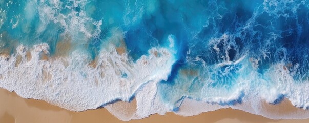 a birds-eye view of the beach and sea with aqua water waves Abtract-themed, drone aerial, photorealistic illustrations in JPG. generative ai