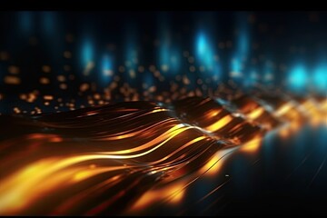 abstract futuristic background with Gold blue glowing neon moving high speed wave lines and bokeh lights. . Generative AI