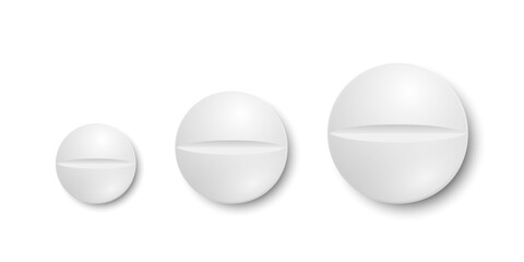 Vector 3d Realistic White Round Pharmaceutical Medical Pill Icon Set, Different Sizes, Closeup, Isolated on White Background. Glossy Pills, Design Template, Front, Top View. Medicine, Health Concept