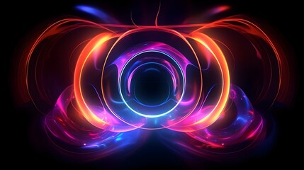 Beautiful abstract futuristic dark background with neon blue pink and orange glow. generative AI