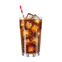 Cold Carbonated Cola Beverage with Straw in Tall Glass with Ice Cubes, Isolated Generative AI  - obrazy, fototapety, plakaty