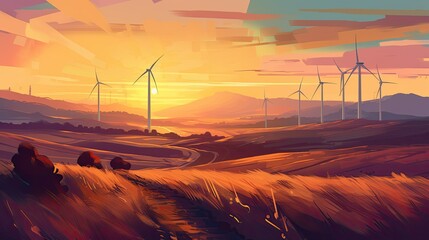 Fototapeta na wymiar Colorful illustration of wind turbines at golden hour