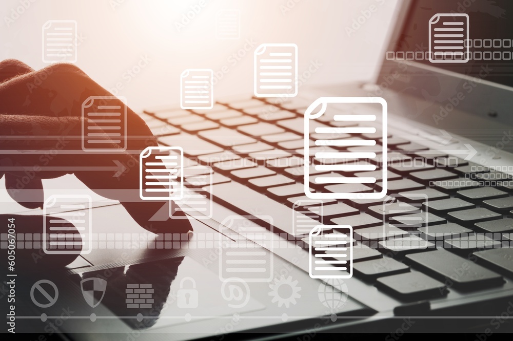 Poster document management concept. hands on laptop computer