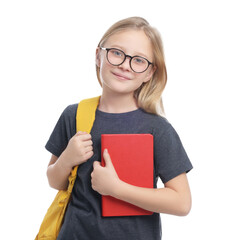 Cute girl in glasses with backpack and books on white background