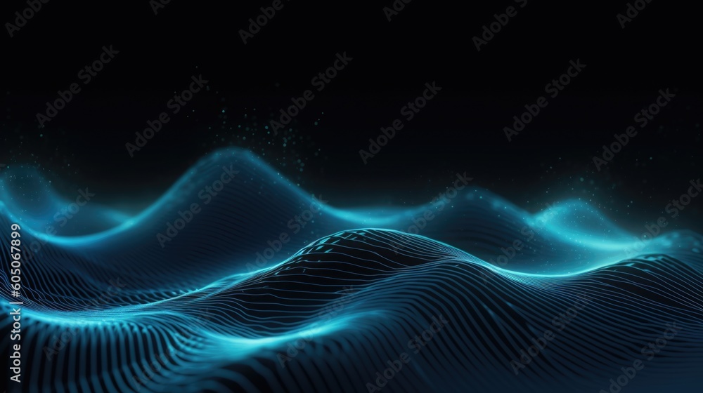 Poster 3d render of a modern background with a blue flowing particles wave design.generative ai aig21.