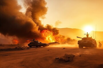  soldiers crosses warzone with fire and smoke in the desert, military special forces, tank