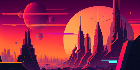 Naklejka premium Futuristic Psychedelic Cyberpunk Landscape
