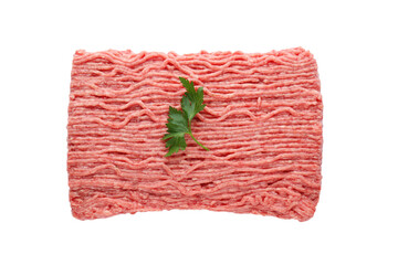 Raw fresh minced meat with parsley isolated on white, top view