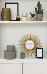 Beautiful houseplants and different decorative elements on shelving unit