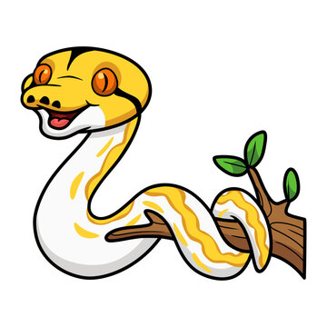 Cute albino tiger reticulated python cartoon on tree branch