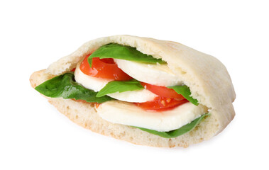 Delicious pita sandwich with mozzarella, tomatoes and basil isolated on white