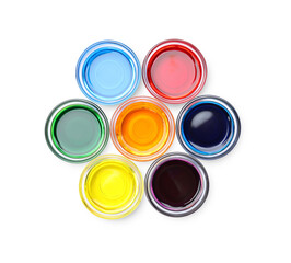 Glass bowls with different food coloring on white background, top view