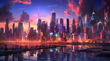 Fototapeta na wymiar Futuristic Cityscape Sunset Generative AI