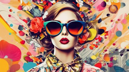 Fototapeta na wymiar Pop Art Collage With Retro Colors and Beautiful Woman