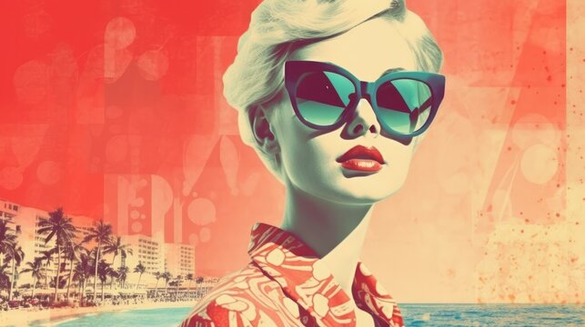 Pop Art Collage With Retro Colors and Beautiful Woman
