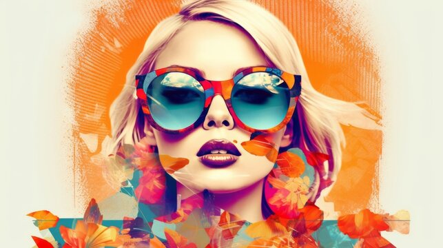 Pop Art Collage With Retro Colors and Beautiful Woman