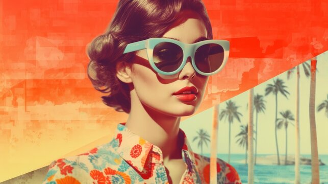 Pop Art Collage With Retro Colors and Beautiful Woman
