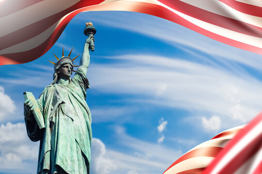 Statue of liberty. USA flag. Symbols of United States of America. Statue of liberty from New York. USA national banner. Background for presentation about USA. Fragment American flag in sky. 3d image