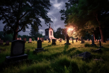 Cemetery on a stormy night - illustrations, thunder, eerie