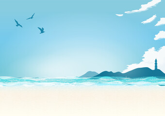 青空が広がる夏の海と砂浜の背景イラスト（灯台とカモメ）