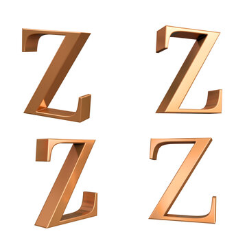Golden alphabet capital letters Z, 3d font render with 4 different angle, isolated white background ready to use for graphic design purposes