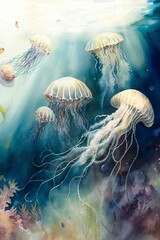 Watercolour jellyfish, dynamic lighting, underwater scene, generative ai