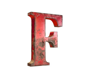 3d font letter F made of red metal and rusty