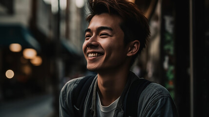 Obraz premium 夕方・夜の街を歩く旅行客・アジア人大学生の男性・バックパッカー（Generative AI） 