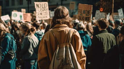 環境問題のデモに参加する女性の後ろ姿（Generative AI）
