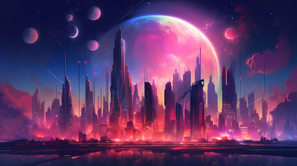 Fototapeta premium Futuristic Cityscape Sunset Generative AI