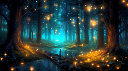 Magical Forest With Glowing Fireflies Generative AI