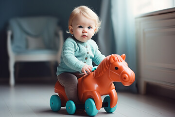 Baby rides toy rubber horse. Fictional person. Generative AI